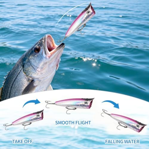 Large Top Water Popper Lure: 2pcs 3D Eyes Tuna Popper Saltwater Fishing Lures for Surf Fishing Gt Tuna Kingfish Large Predator Fish - Image 6
