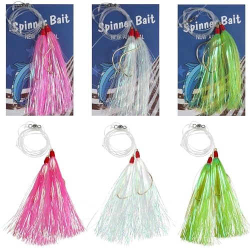 Fishing Bait Rigs Saltwater, 3/6packs Flounder Rigs with Bucktail Teaser Mylar Teaser Mono Leader Swivels Fishing Rig for Flounder Sea Bass Halibut Black Fish by AGOOL