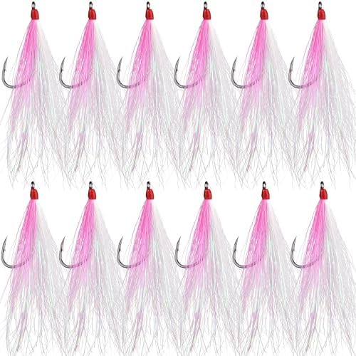 Bucktail Teasers Fishing Hooks Saltwater Flounder Rig Bucktail Mylar Teasers Inserted Fishing Teaser Hooks for Jigs Spoons Lures Hi/Lo Rig Striped Bass Bluefish Flounder Surf Bottom Fishing by AGOOL