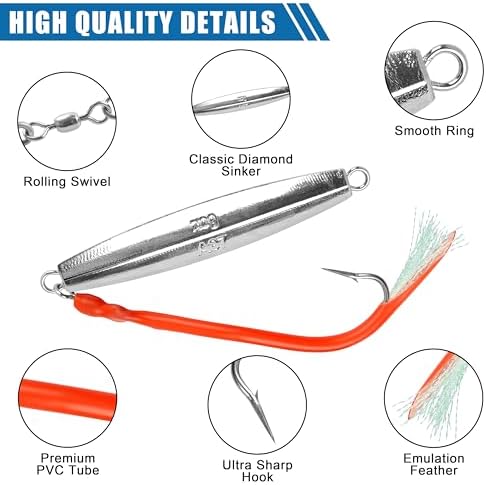 Diamond Jig Saltwater Fishing Lures Casting Jigging Spoon with Tube Tail Stainless Steel Hooks Trolling Lures Striped Bass Metal Jig for Deep Sea Surf Fishing Bottom Dragging Sinking - Image 6