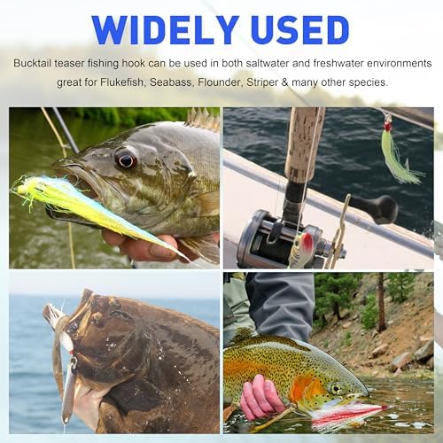 Bucktail Teaser Fishing Hooks,5pcs Saltwater Flounder Rig Stainless Steel Fishing Jig Hooks Bucktail Mylar Flash Teasers Inserted for Striper Catfish Cod Flounder Hi/Lo Rig - Image 6