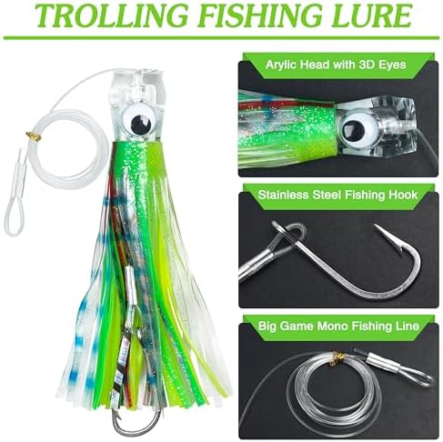 Saltwater Fishing Lures 6/9inch Trolling Lures for Marlin Mahi Tuna Dolphin Shark Big Game Deep Sea Fishing Baits Squid Skirts Rigged Hooks Ocean Gear Tackle - Image 2