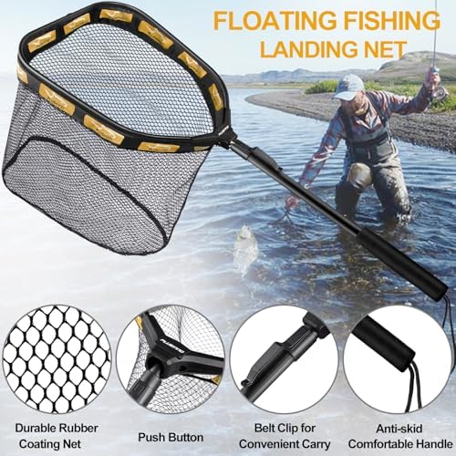 PLUSINNO Floating Fishing Net for Steelhead, Salmon, Fly, Kayak, Catfish, Bass, Trout Fishing, Rubber Coated Foldable Landing Net with Fixed or Telescoping Pole Handle, Fishing Gear and Gifts for Men - Image 2