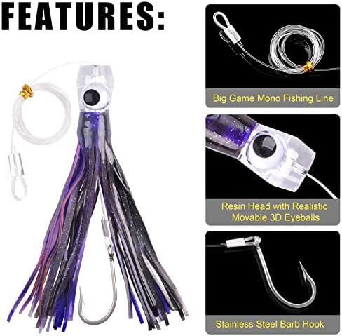 Trolling Lures Saltwater for Tuna Mahi Marlin Wahoo Dolphin Shark Offshore Trolling Baits with Squid Skirt Big Game Fishing Lures Deep Sea Squid Skirts Rig 6/9 inch - Image 2