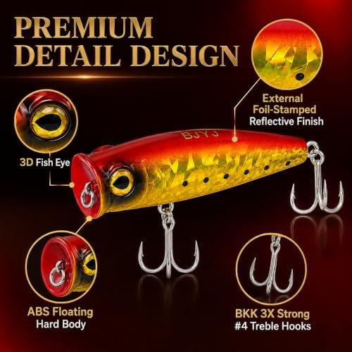 Topwater Popper Fishing Lure, 4in 0.81oz ABS Floating Saltwater Bait with BKK 3X #4 Treble Hooks, Foil-Stamped Finish for Inshore Striped Bass Redfish Snook Tarpon - Image 4