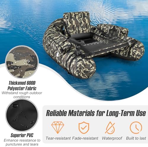 GYMAX Fishing Float Tube, 350lbs Inflatable Belly Boat with Fish Ruler, Fishing Rod Holder, Pump, Storage Bag, Flippers & Adjustable Straps, Portable Backpack Float Tube for Fishing and Angling - Image 3