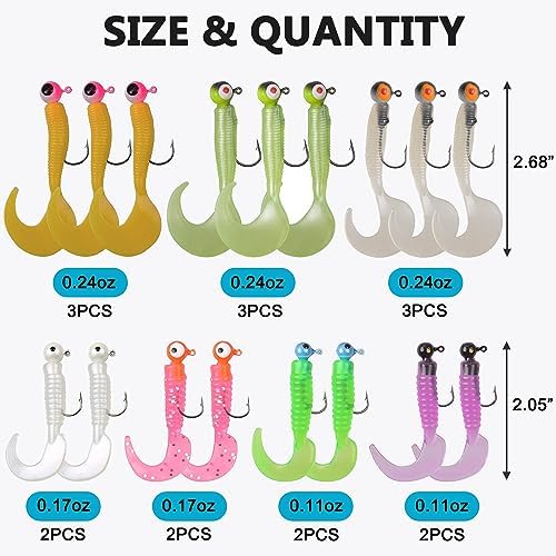 Soft Fishing Lures Jig Head Hooks Kit, Crappie Jigs Lures Kit Mixed Curly Grub Lures Tube Baits Soft Plastic Swimbaits for Bass Trout Panfish Saltwater Freshwater Fishing - Image 4