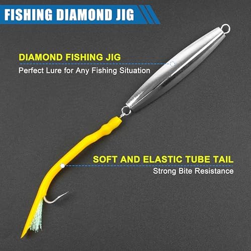 Diamond Jigs Saltwater Fishing Lures,Casting Jigging Spoon with Split Tube Tail Stainless Steel Hook Metal Jig Spoon Baits for Deep Sea Offshore Surf Fishing Bottom Sinking - Image 4