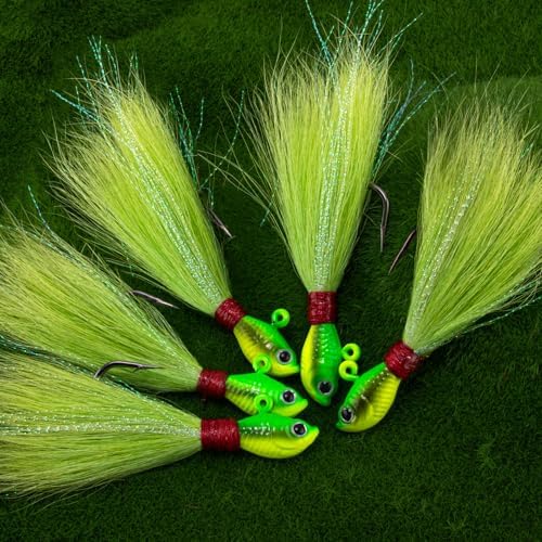 Alwonder 5-Pack Bucktail Jigs Hair Jigs Saltwater Freshwater Fishing Bucktail Lures Surf Fishing Jig Heads White Luminous Chartreuse Swimbait Jig for Bass Flounder Striper Bluefish Halibut Redfish - Image 6