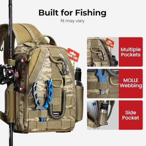 Piscifun Fishing Backpack, Rod Holders, Lightweight Sling Bag, Khaki Camo - Image 5
