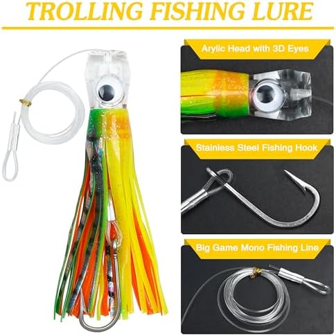 Saltwater Fishing Lures 6/9inch Trolling Lures for Marlin Mahi Tuna Dolphin Shark Big Game Deep Sea Fishing Baits Squid Skirts Rigged Hooks Ocean Gear Tackle - Image 2