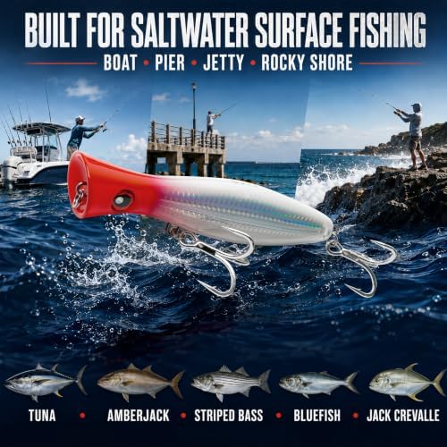 6.2 Inch 2.73 oz Saltwater Topwater Popper Fishing Lures with 3/0 4X Strengthened BKK Treble Hooks, Through-Wire for Strength & Durability, Target GT, Tuna, Sea Bass, Marlin - Image 6