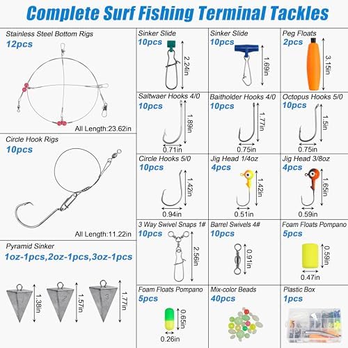 SILANON Saltwater Surf Fishing Tackle Kit,174pcs Ocean Saltwater Fishing Gear Surf Fishing Rigs Saltwater Lures Bucktail Jigs Pyramid Sinkers Fishing Floats Hooks Swivels Surf Fishing Accessories - Image 3