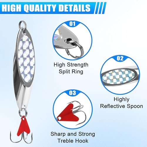 Fishing Spoons Lures, 8pcs Metal Casting Jigging Spoons Silver Trolling Pike Spoon Trout Lures with Treble Hooks for Bass Trout Salmon Pike Walleye Fishing - Image 2