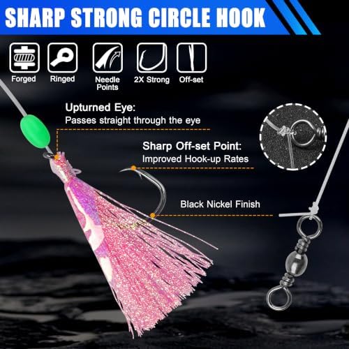 Fishing Bait Rigs Saltwater Set, Flounder Fluke Hi-Lo Rig with Flash Teaser 2 Hook Bottom Fishing Rigs Mackerel Rigs for Halibut Sea Bass Cod Rockfish Surf Pier Ocean Fishing - Image 3