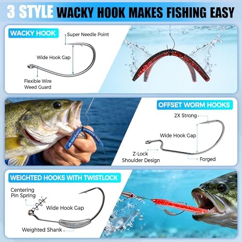 PLUSINNO Wacky Worm Fishing Lure Kit, Soft Plastic Fishing Lures, Grub Baits Hook Wacky Rig Bass Trout Fishing Worms Lures w/Tackle Box - Image 4