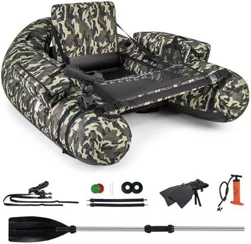 GYMAX Fishing Float Tube, 350lbs Inflatable Belly Boat with Fish Ruler, Fishing Rod Holder, Pump, Storage Bag, Flippers & Adjustable Straps, Portable Backpack Float Tube for Fishing and Angling by GYMAX