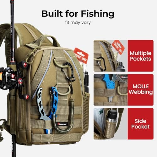 Piscifun Fishing Backpack, Rod Holders, Lightweight Sling Bag, Khaki - Image 4