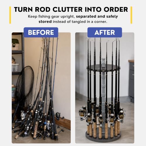 Rush Creek Creations 16-Rod Round Fishing Rod Holder for Garage, 360° Access Fishing Pole Holder for Fishing Rods, Reels, and Gear, Securely Holds 16 Rods, Barnwood - Image 4
