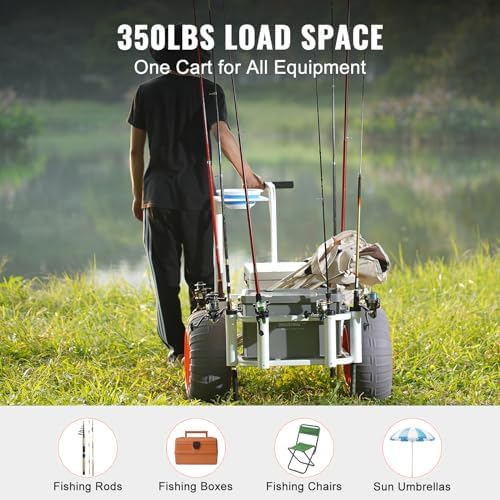 VEVOR Beach Fishing Cart, 350 lbs Load Capacity, Fish and Marine Cart with Two 16" Big Wheels PU Balloon Tires for Sand, Heavy-Duty Aluminum Pier Wagon Trolley with 8 Rod Holders for Fishing, Picnic - Image 4