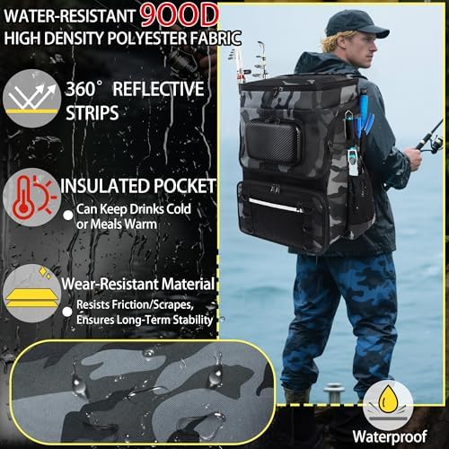 Fishing Backpack with Rod Holder X-Large 60L Tackle Gears Bag with Cooler for Storage Tackle Box and Fishing Accessories Stuff, Fish Gifts for Men Woman-Gray Camo - Image 3