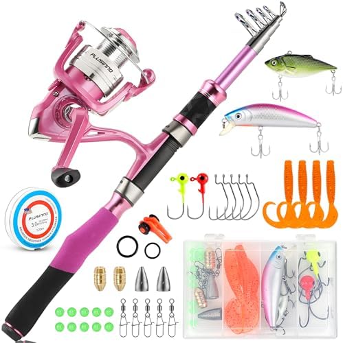 Fishing Rod and Reel Combos, Fishing Gear Gifts for Women with Spinning Reel, Lures, Line, Pink Ladies Telescopic Pole Kit Designed for Girls Adults by PLUSINNO by PLUSINNO
