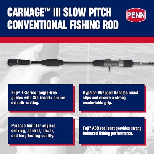 PENN Carnage III Conventional Slow Pitch Rod, 6'8" Medium Heavy Power, Fast Action Saltwater Fishing Pole with RCB2 Carbon Blank and Fuji K Guides - Image 2