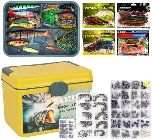 600 Pcs/Tackle Box Fishing Kit-Fishing Hooks,Sinkers, Swivels Snaps,Top Water Lure,Spoons,Soft Lures,Jig Heads, Frogs, Minnow, Accessories Equipment- Saltwater Freshwater Bass Bait Gear by DAMIDEL