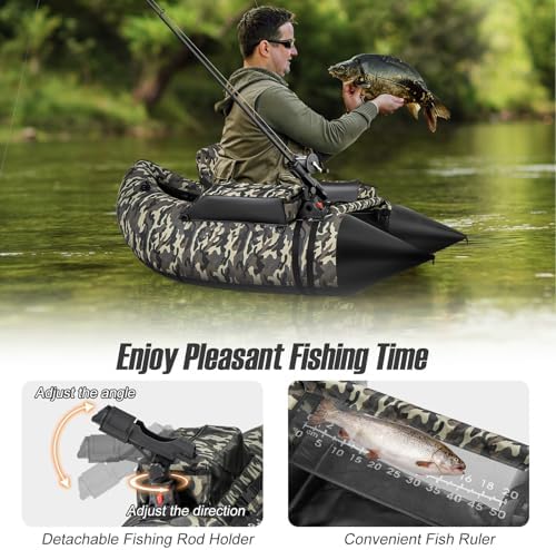 GYMAX Fishing Float Tube, 350LBS Inflatable Belly Boat with Oar, Flippers, Rod Holder, Fish Ruler, Hand Pump & Zipper Storage, Portable Backpack Float Tubes for Fishing - Image 4