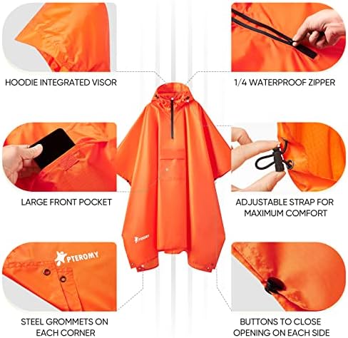 PTEROMY Hooded Rain Poncho for Adults, Reusable Waterproof Raincoat - Image 6