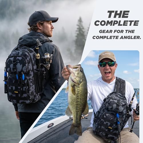 PLUSINNO Fishing Backpack with Fishing Rod &Tackle Boxes, Waterproof Sling Tackle Bag for Fish Gear with Rod Holder, Gifts for Men with Lures, Pliers, Fish Lip Gripper. - Image 2