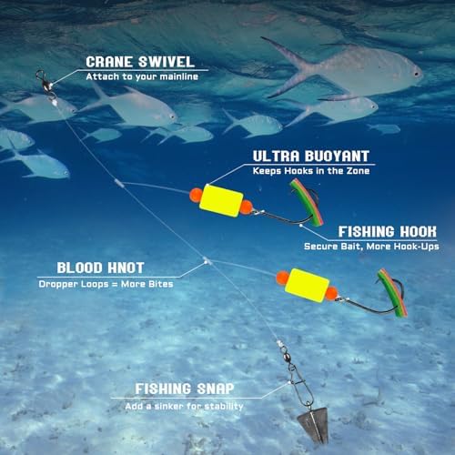 Pompano Rig Saltwater Surf Fishing Rigs – Double Drop Leader Rigs with Hooks, Floats, Beads & Snap – Easy Pre-Tied Terminal Tackle for Pompano, Whiting, Redfish - Image 4