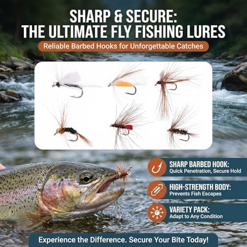 Outus 90 Pcs Fly Fishing Flies Kit Assortment for Trout Bass Salmon - Hand Tied Dry Wet Nymph Streamer Flies Set with 6 Classic Patterns & Sizes #10#12#14, Fly Box Refill Fishing Lures Sets Tackle - Image 4