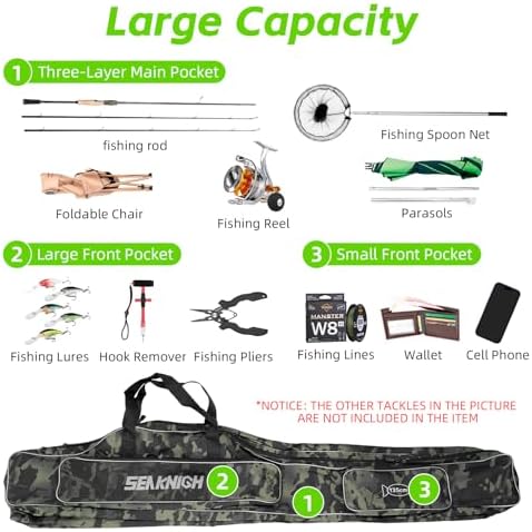 Seaknight Portable Fishing Rod Case - 2 Sizes (53.15in/59.0in) Oxford Fabric Tackle Storage Bag for Travel, Durable Rod Carrier for Freshwater & Saltwater Anglers (Black Camou, 135cm/ 53.15in) - Image 3