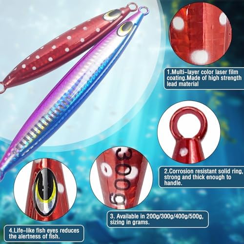 Eupheng Heavy Duty Fishing Jigs Saltwater 200g/300g/400g/500g, Glow in Dark Roller Slow Fall Lead Jig Deep Sea Fishing Jigging Lures for Tuna, Salmon, Sailfish, Grouper Snapper - Image 4