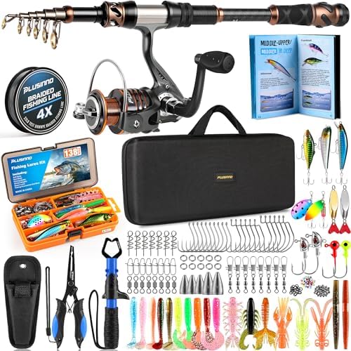 PLUSINNO Fishing Rod and Reel Combo with Telescopic Fishing Pole, Portable Travel Fishing Rods Kit with Tackle Box Carrier Bag & Manuals, Fishing Gear Tool Kit for Freshwater, Fishing Gifts for Men by PLUSINNO