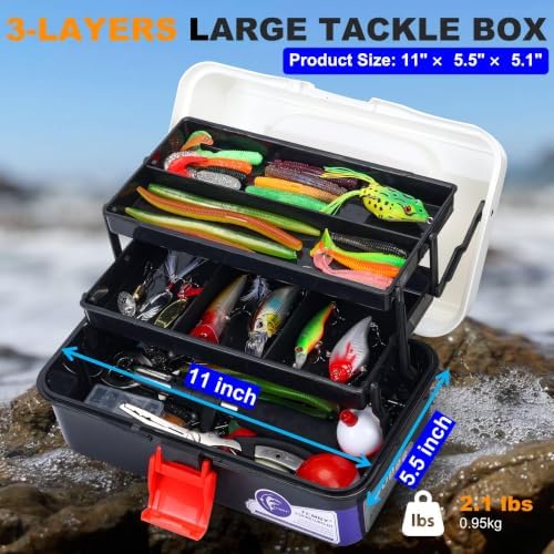 TCMBY 3 Layers Tackle Box with Tackle Included, 321Pcs Fishing Lures Kit Contains Pliers, Crankbait, Hooks, Weights & Accessories, Fishing Gear Bait Lure Gifts for Men Bass Freshwater (White Black) - Image 3