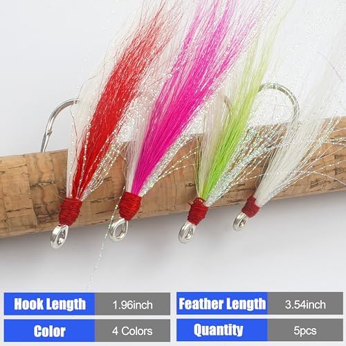 Bucktail Teaser Fishing Hooks,5pcs Saltwater Flounder Rig Stainless Steel Fishing Jig Hooks Bucktail Mylar Flash Teasers Inserted for Striper Catfish Cod Flounder Hi/Lo Rig - Image 3