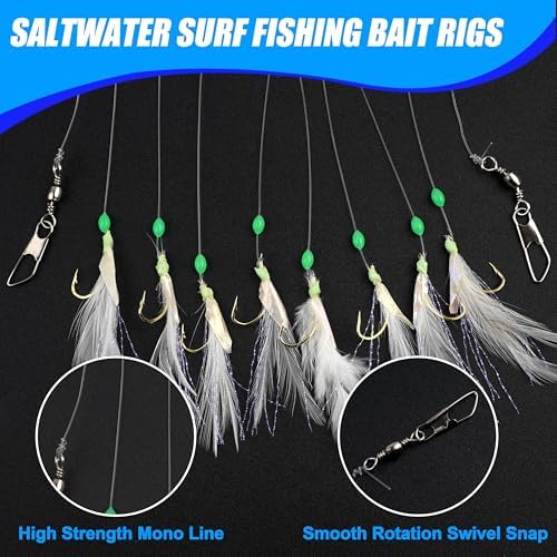 Fishing Bait Rigs Saltwater, 12 Packs Surf Fishing Lure Bait Rigs Set with Fish Skin Glow Beads String Hooks Swivels Mackeral Herring Baitfish Sea Bass Rigs - Image 3