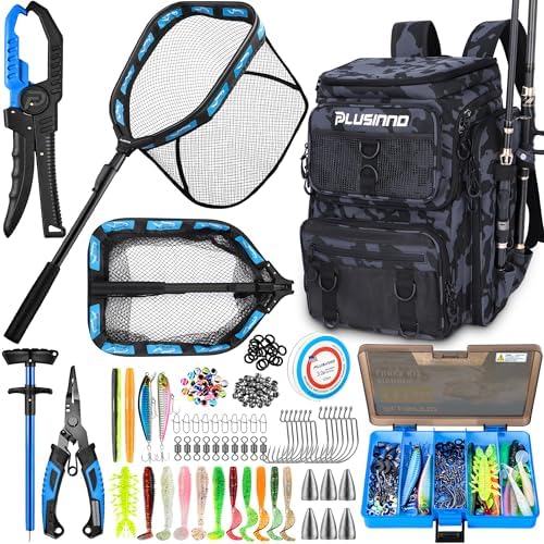 PLUSINNO Fishing Backpack with Fishing Net,42L Waterproof tackle Backpack with Tackle Boxes,Fishing Gear,Lures,Tools,Pliers & Accessories, Fishing Gifts for Men by PLUSINNO