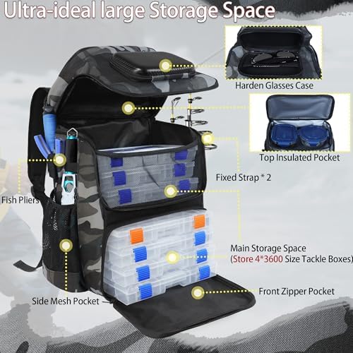 Fishing Backpack with Rod Holder X-Large 60L Tackle Gears Bag with Cooler for Storage Tackle Box and Fishing Accessories Stuff, Fish Gifts for Men Woman-Gray Camo - Image 5