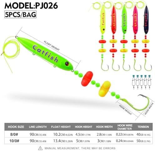 PROBEROS Catfish Fishing Rigs - Bank Fishing Set with 5pcs/Set, 6/0, 8/0, 10/0 Circle Hooks Circle Hooks, High Visibility, Ready to Use Catfish Rigs - Image 2