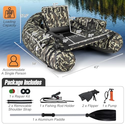 GYMAX Fishing Float Tube, 350lbs Inflatable Belly Boat with Fish Ruler, Fishing Rod Holder, Pump, Storage Bag, Flippers & Adjustable Straps, Portable Backpack Float Tube for Fishing and Angling - Image 7