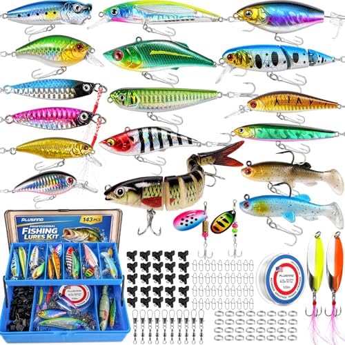 PLUSINNO Fishing Lures Fishing Tackle Box Fishing Gifts for Men, Bass, Trout Fishing Accessories Kit for Saltwater & Freshwater Fishing Gear Including Topwater Lures, Hooks, Spinnerbaits by PLUSINNO