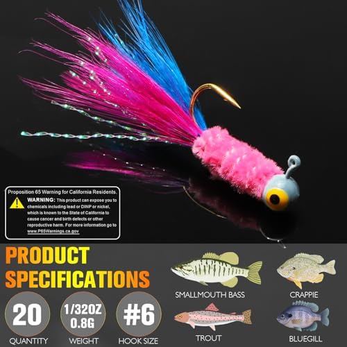 Dovesun Crappie Jigs, Jig Heads with Feather Hand-Tied Marabou Jigs Ice | Fly Fishing Lures 10 Colors 1/32oz 1/16oz 1/8oz Fishing Hair Jigs for Panfish Sunfish Walleye 20-40pcs - Image 6