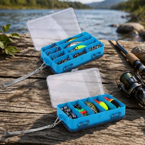 2 Pack Fishing Tackle Box Organizers, Blue Lure Storage Trays with Clear Lids, Removable Dividers & Wrist Straps, Portable Fishing Gear Storage for Hooks, Baits, Sinkers, Jigs and Accessories - Image 6