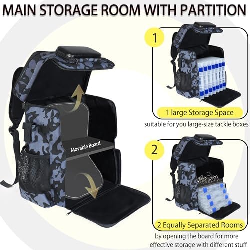 Fishing Backpack with Rod Holder X-Large 60L Tackle Gears Bag with Cooler for Storage Tackle Box and Fishing Accessories Stuff, Fish Gifts for Men Woman-Yellow Camo - Image 5