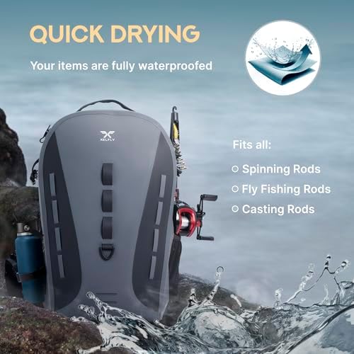 Xelfly Waterproof Fishing Backpack G2 with Rod Holder, Inflatable Air Valve, Padded Waist Straps & Gear Loops - Submersible Zipper, Rugged Top Handle, Adjustable Attachments (Gray) - Image 7