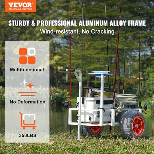 VEVOR Beach Fishing Cart, 350 lbs Load Capacity, Fish and Marine Cart with Two 16" Big Wheels PU Balloon Tires for Sand, Heavy-Duty Aluminum Pier Wagon Trolley with 8 Rod Holders for Fishing, Picnic - Image 2