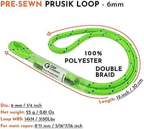 GM CLIMBING 6mm Prusik Cord Pre-Sewn 12in Prusik Loop for Climbing Arborist Rescue Mountaineering General Outdoor Use - Image 2